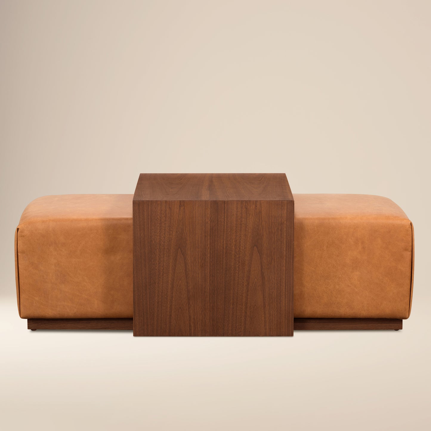 Jarmo Leather Ottoman with Walnut Table | Saddle Tan