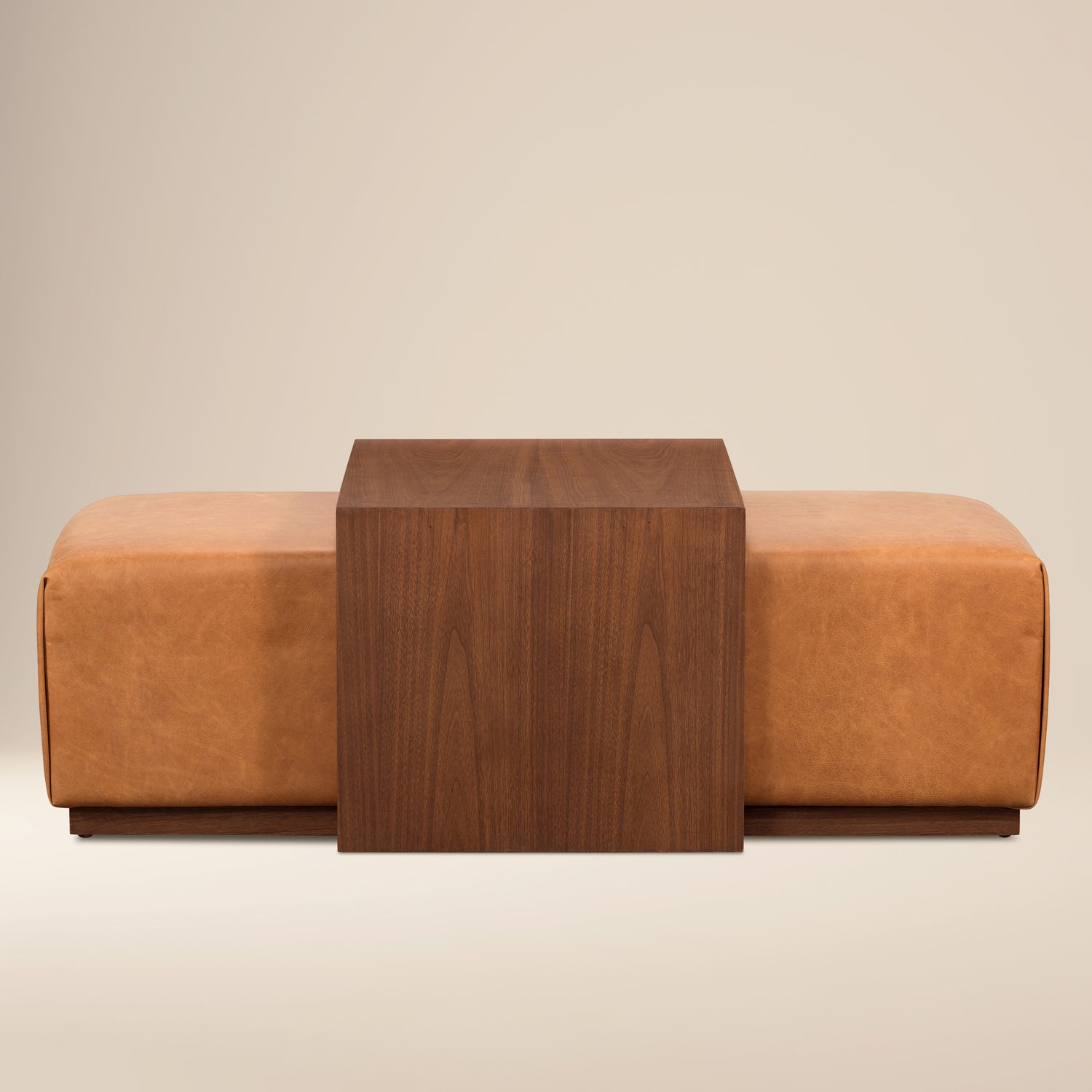 Jarmo Leather Ottoman with Walnut Table | Saddle Tan 