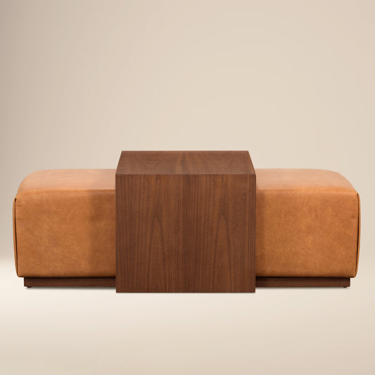 Jarmo Leather Ottoman with Walnut Table | Saddle Tan