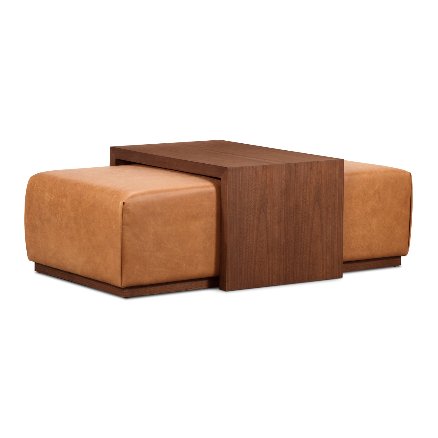 Jarmo Leather Ottoman with Walnut Table | Saddle Tan