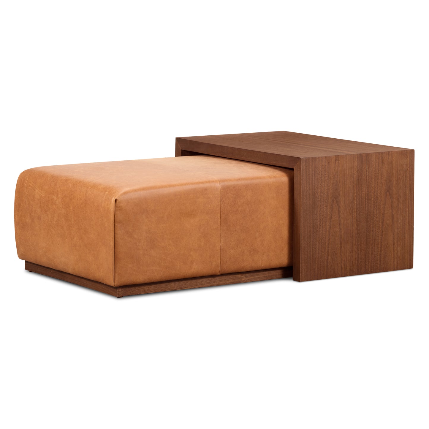 Jarmo Leather Ottoman with Walnut Table | Saddle Tan