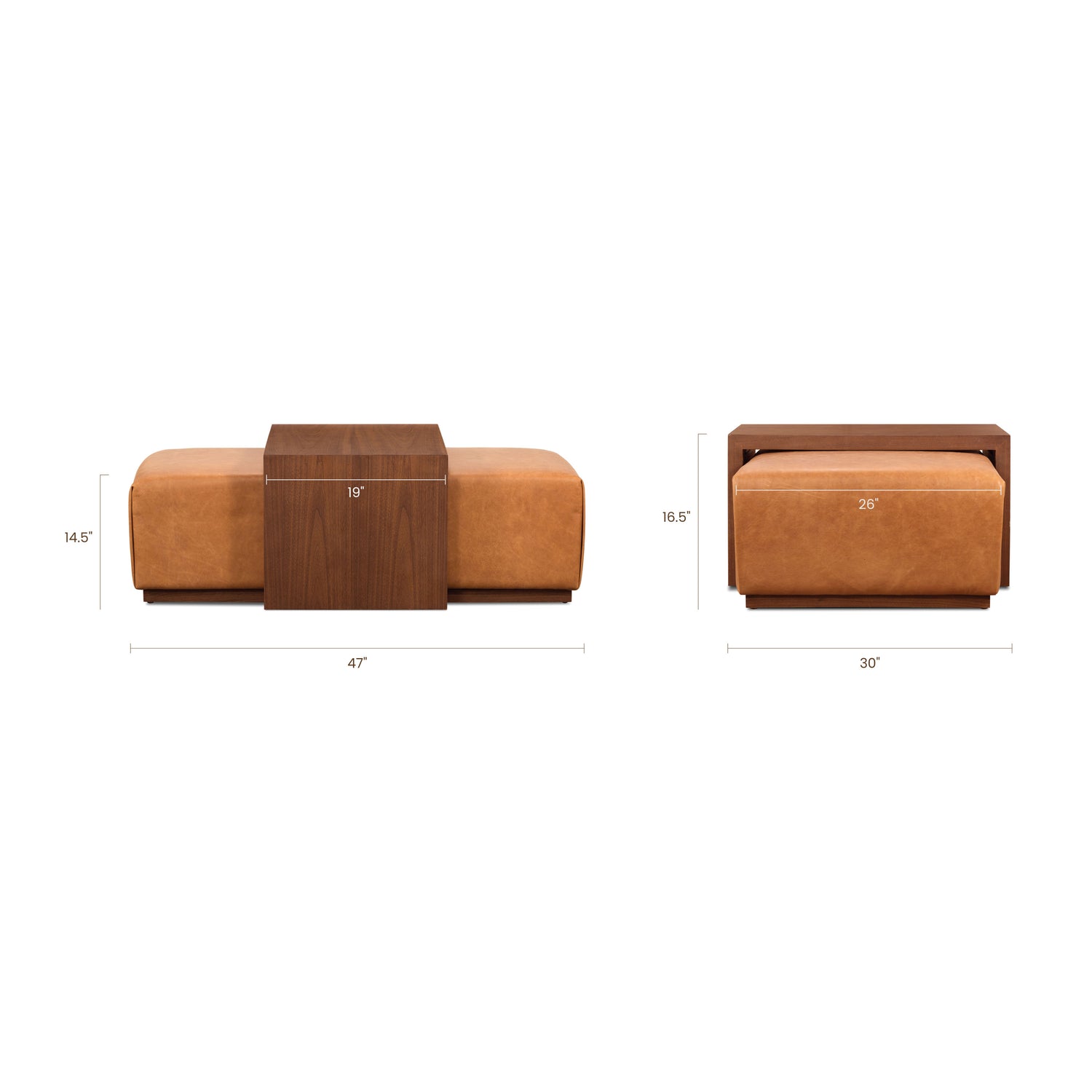 Jarmo Leather Ottoman with Walnut Table | Saddle Tan 