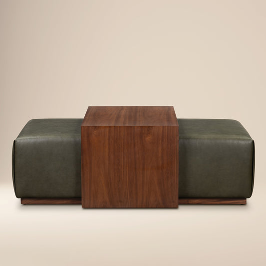 Jarmo Leather Ottoman with Walnut Table | Olivine Green