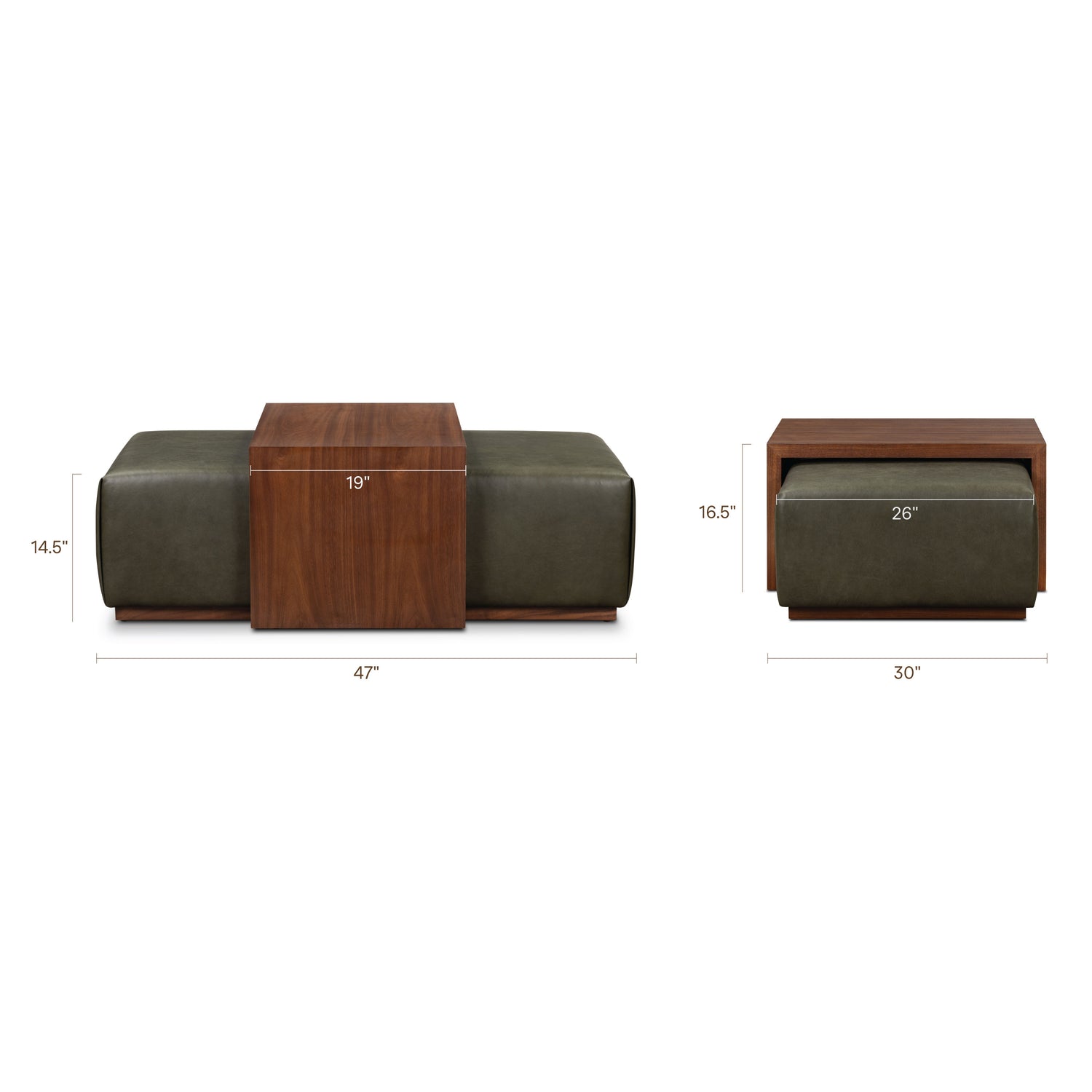 Jarmo Leather Ottoman with Walnut Table | Olivine Green 