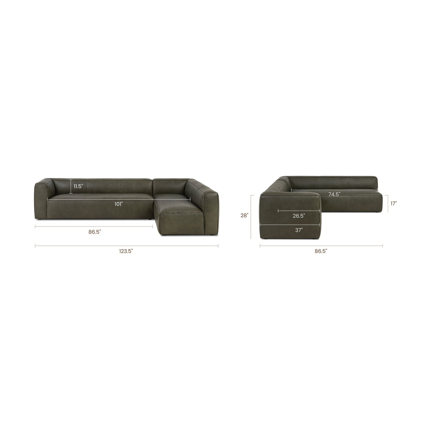 Piazza 123.5" Leather L-Shaped Corner Sectional Sofa | Olivine Green