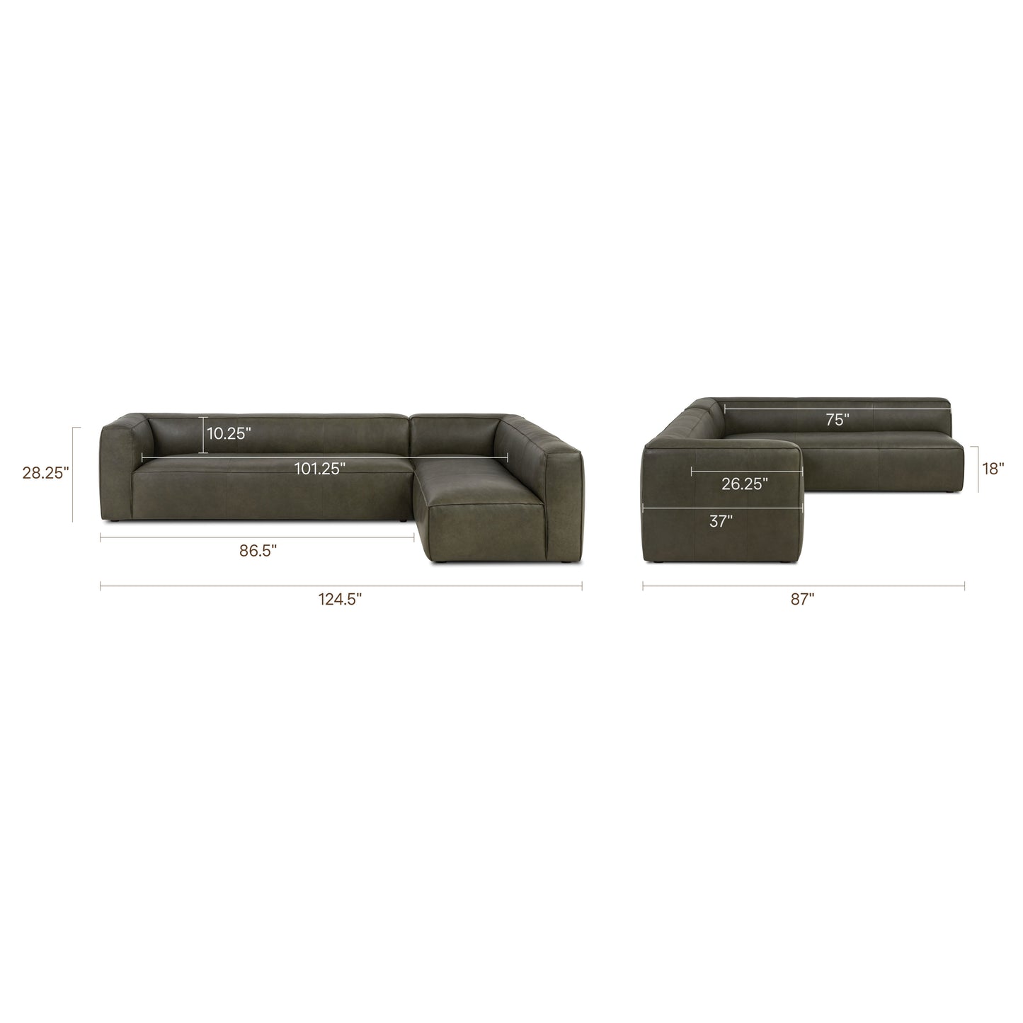 Piazza 124.5" Leather L-Shaped Sectional Sofa | Olivine Green