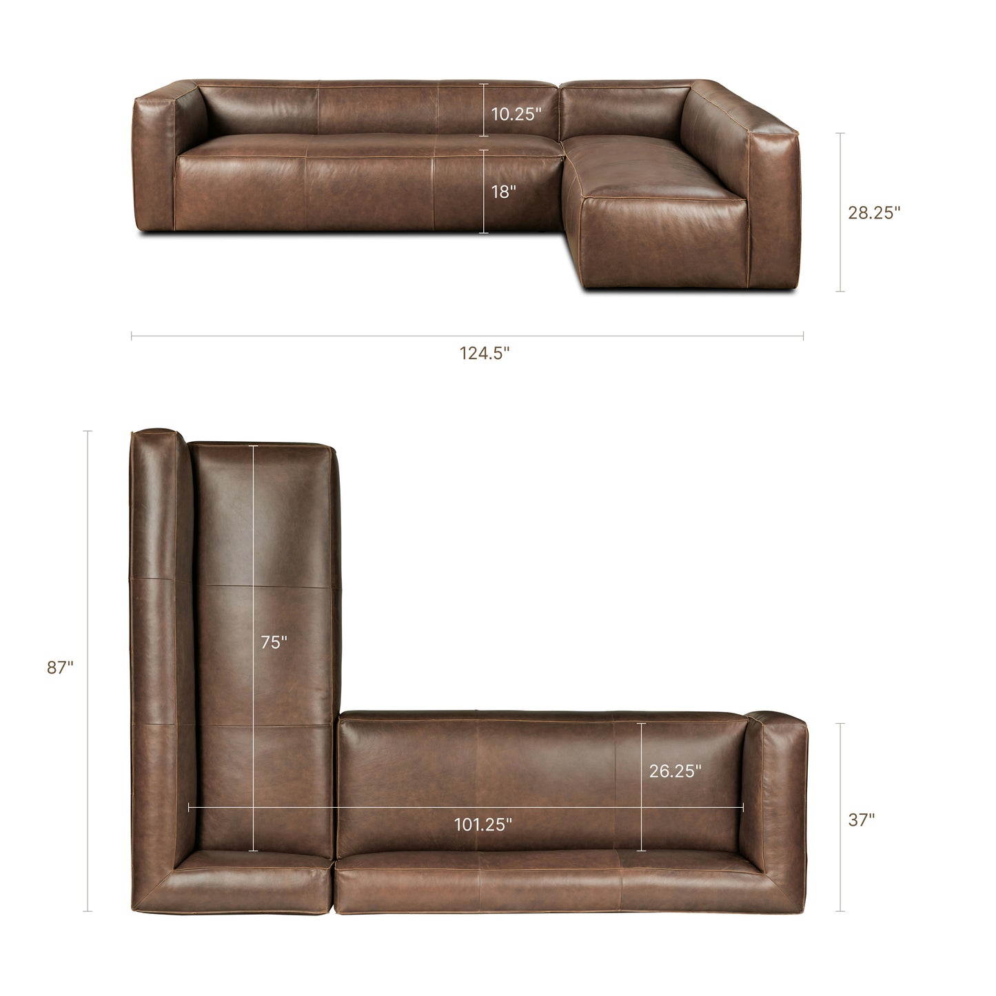 Piazza 124.5" Leather L-Shaped Sectional Sofa | Reserve Brown