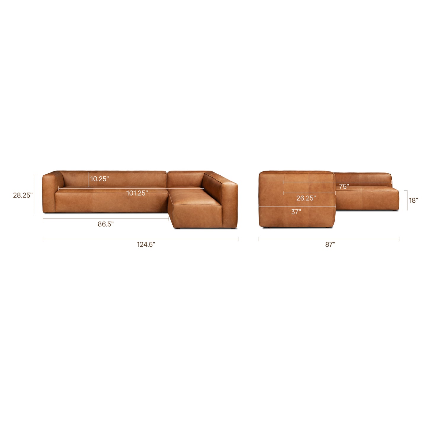 Piazza 123.5" Leather L-Shaped Corner Sectional Sofa | Saddle Tan