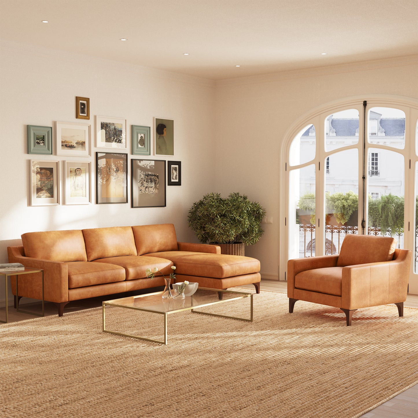 Sorrento 105" Leather Right-Facing Sectional Sofa | Cognac Tan