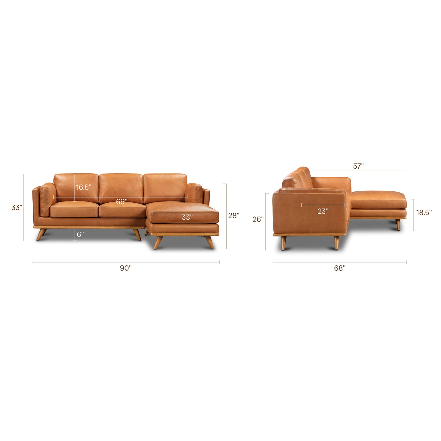 Cadiz 90" Leather Right-Facing Sectional Sofa | Saddle Tan