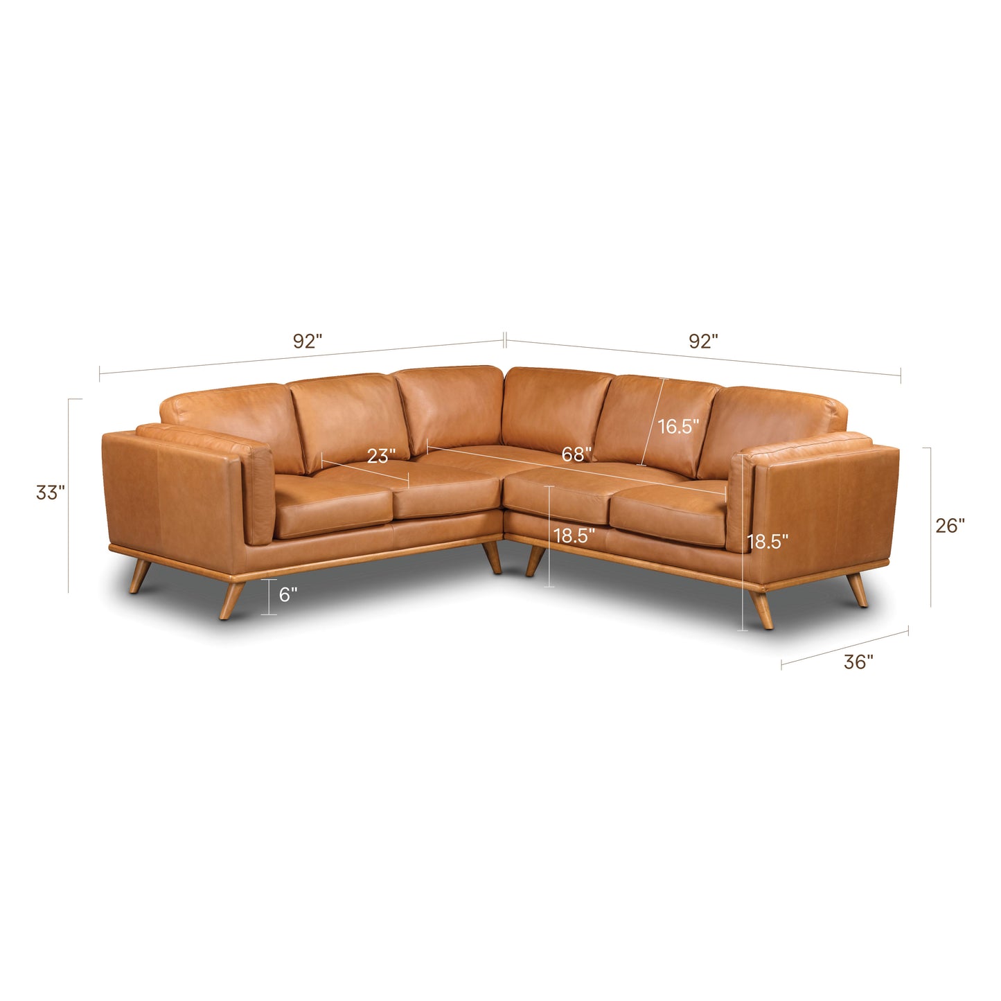 Cadiz 92" Leather L-Shaped Corner Sectional Sofa | Saddle Tan