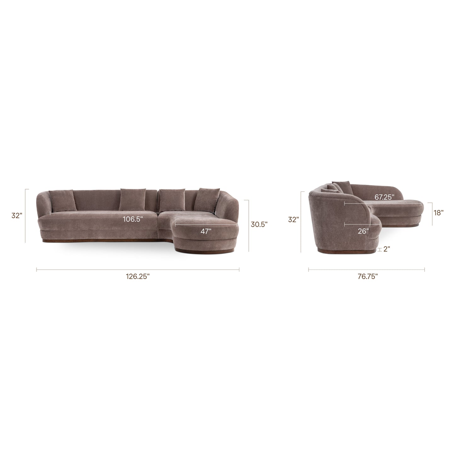 Arles 126" Right-Facing Bumper Chaise Sectional | Willow Brown