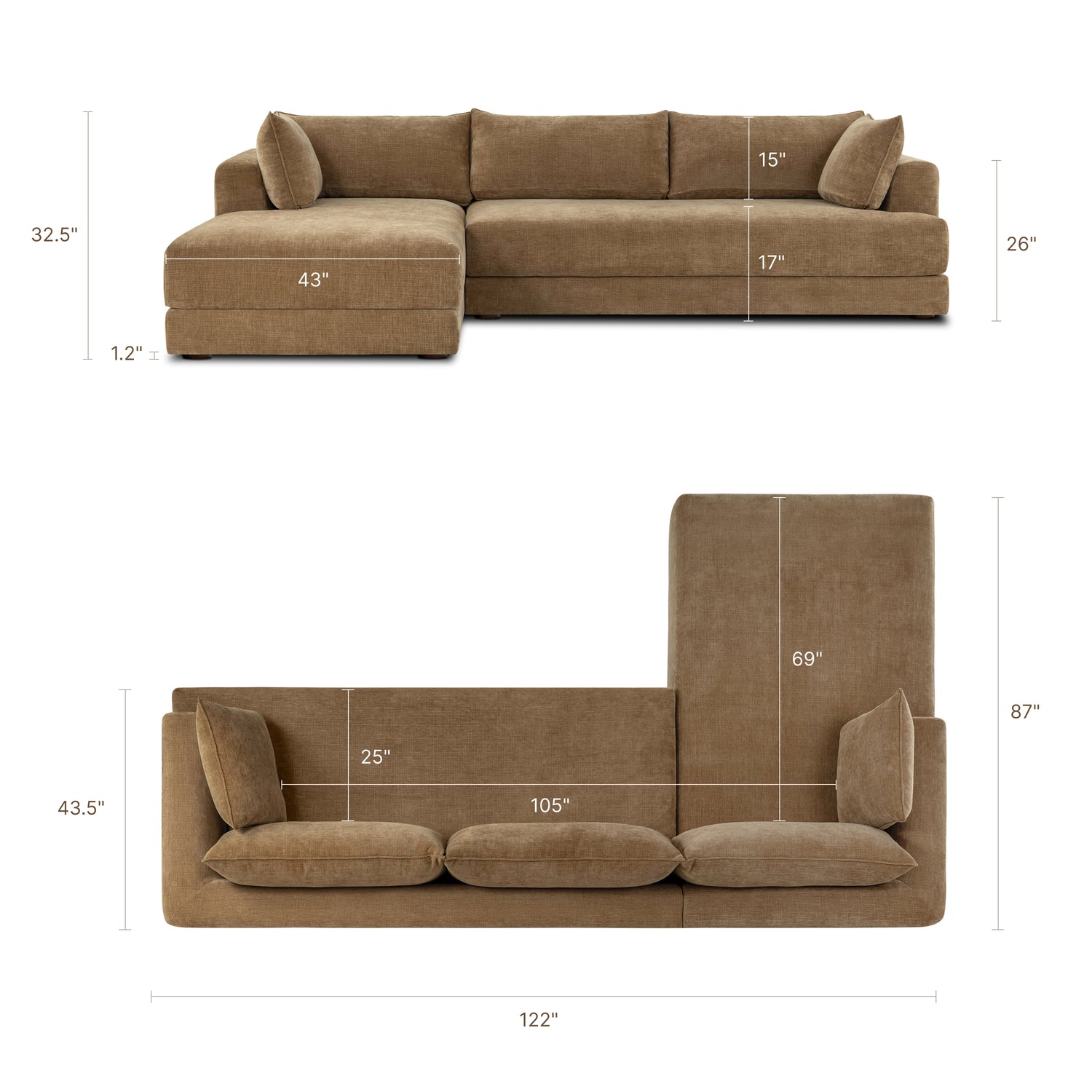 Marcel 122” Left-Facing Bumper Chaise Sectional | Tawny Brown 