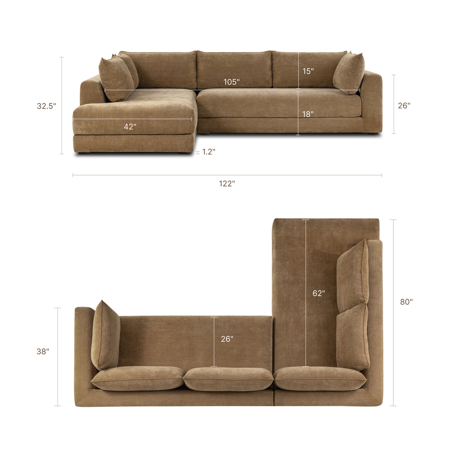 Marcel 122” Left-Facing Bumper Chaise Sectional | Tawny Brown 