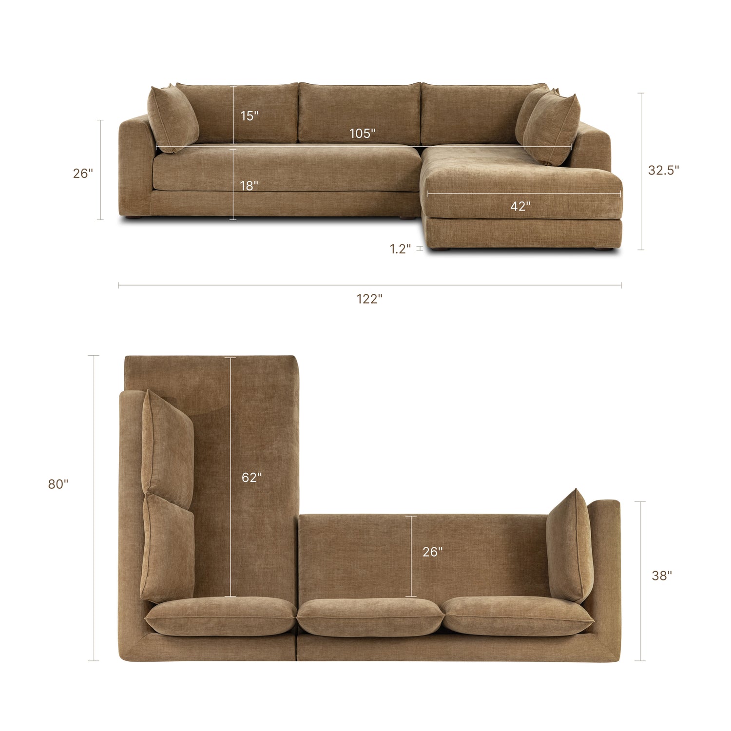 Marcel 122” Right-Facing Bumper Chaise Sectional | Tawny Brown 