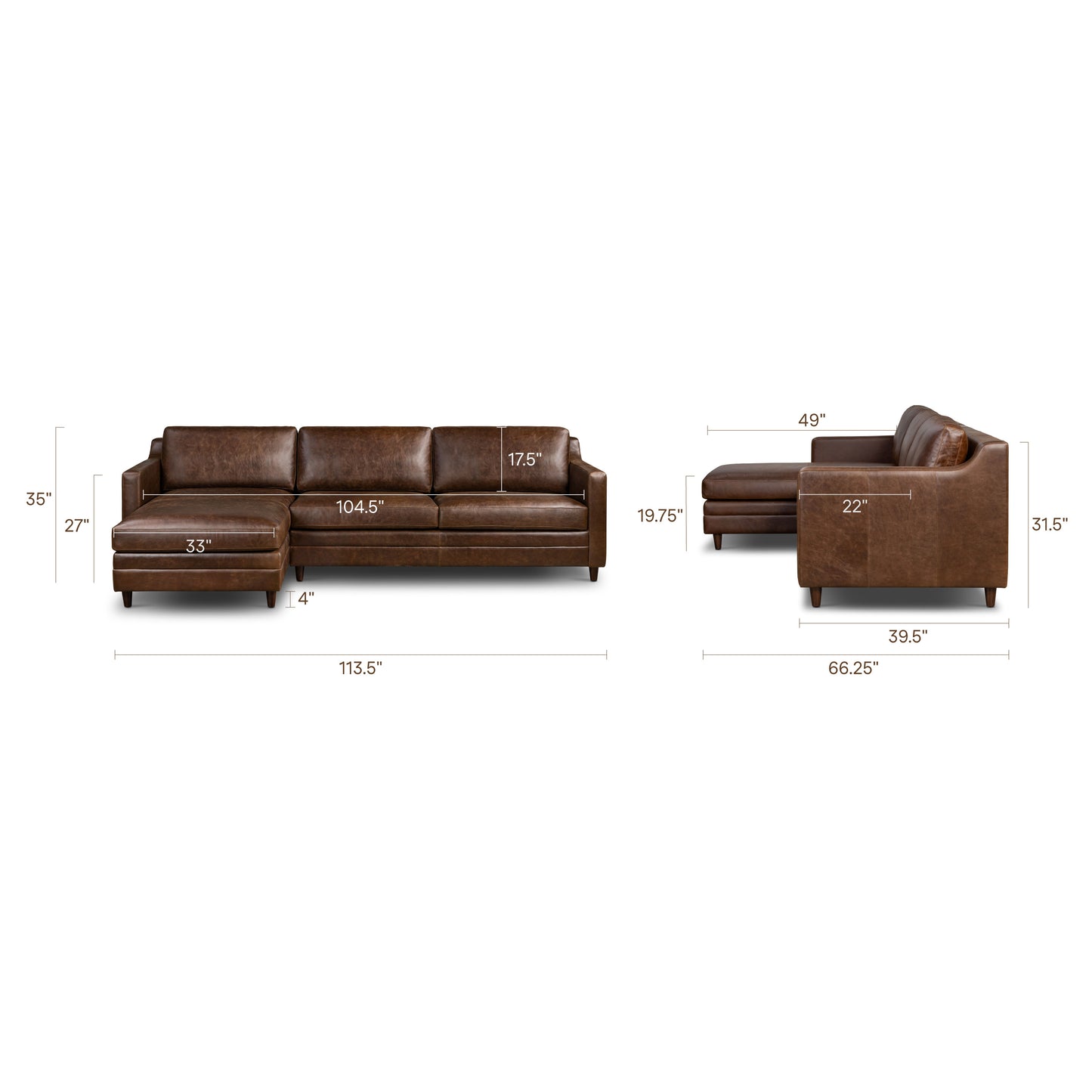 Harper 113.5" Leather Left-Facing Pull-Out Sleeper Sectional | Chocolate Brown