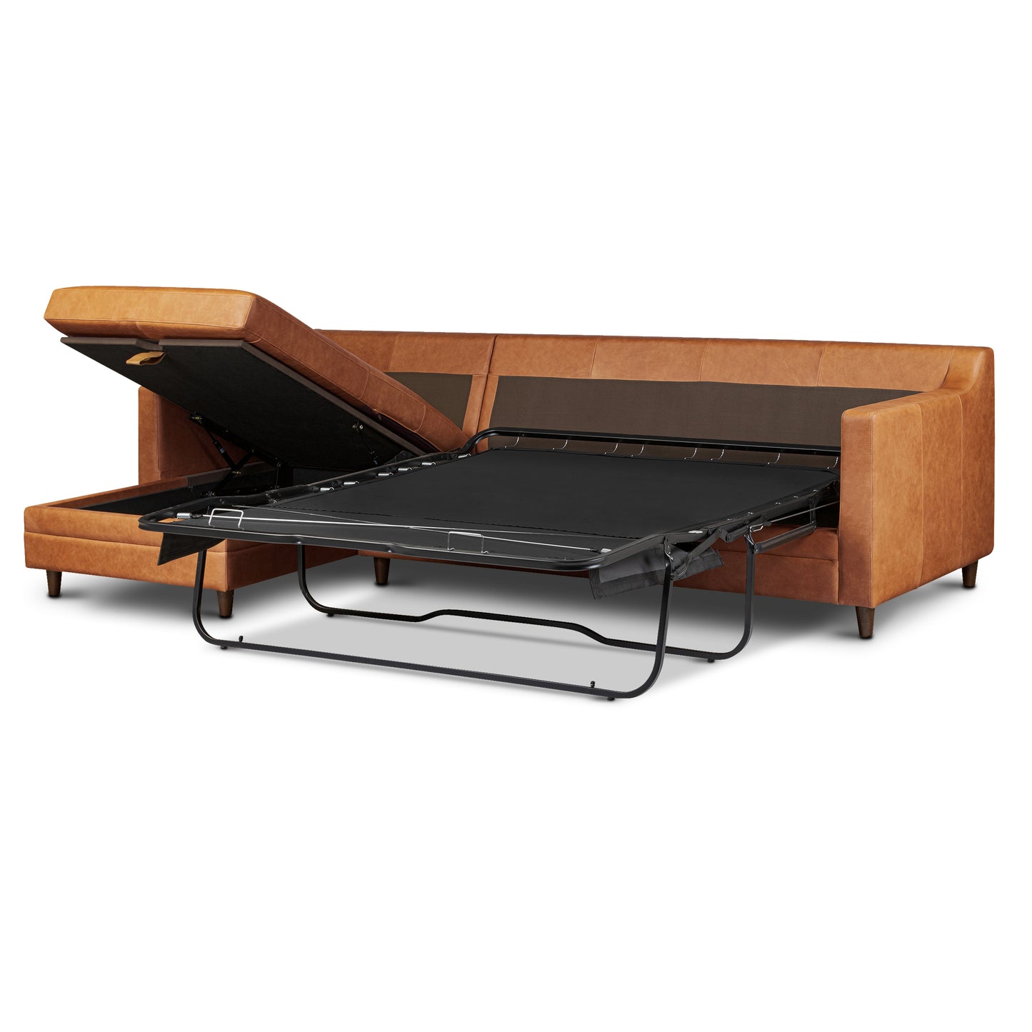 Harper 113.5" Leather Left-facing Pull-Out Sleeper Sectional Sofa | Cognac Tan