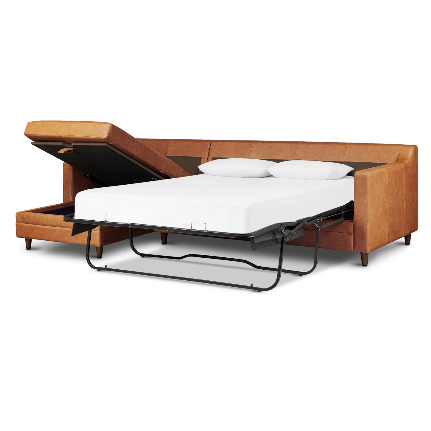 Harper 113.5" Leather Left-facing Pull-Out Sleeper Sectional Sofa | Cognac Tan