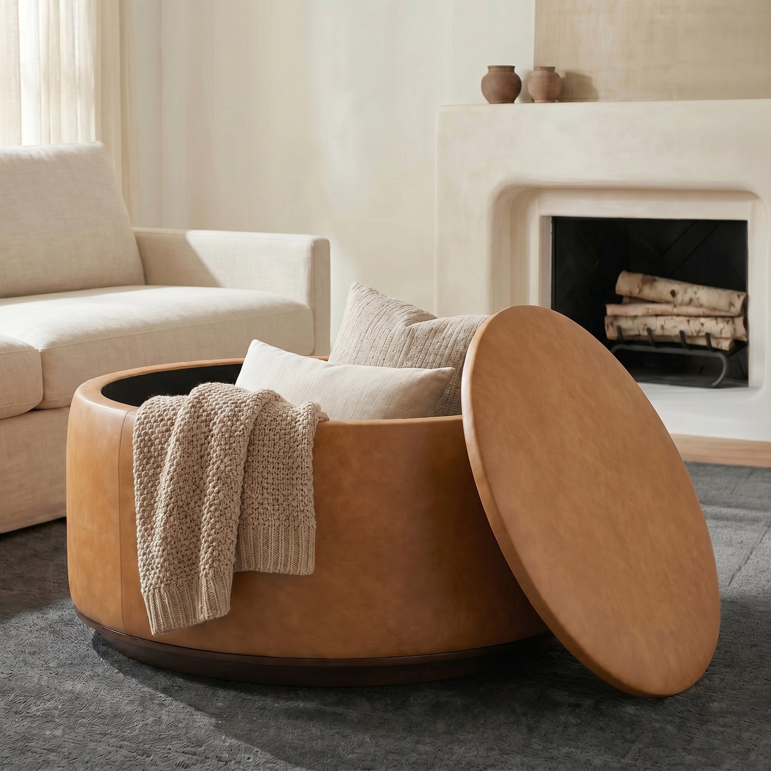 Herve Leather Storage Ottoman | Cognac Tan 
