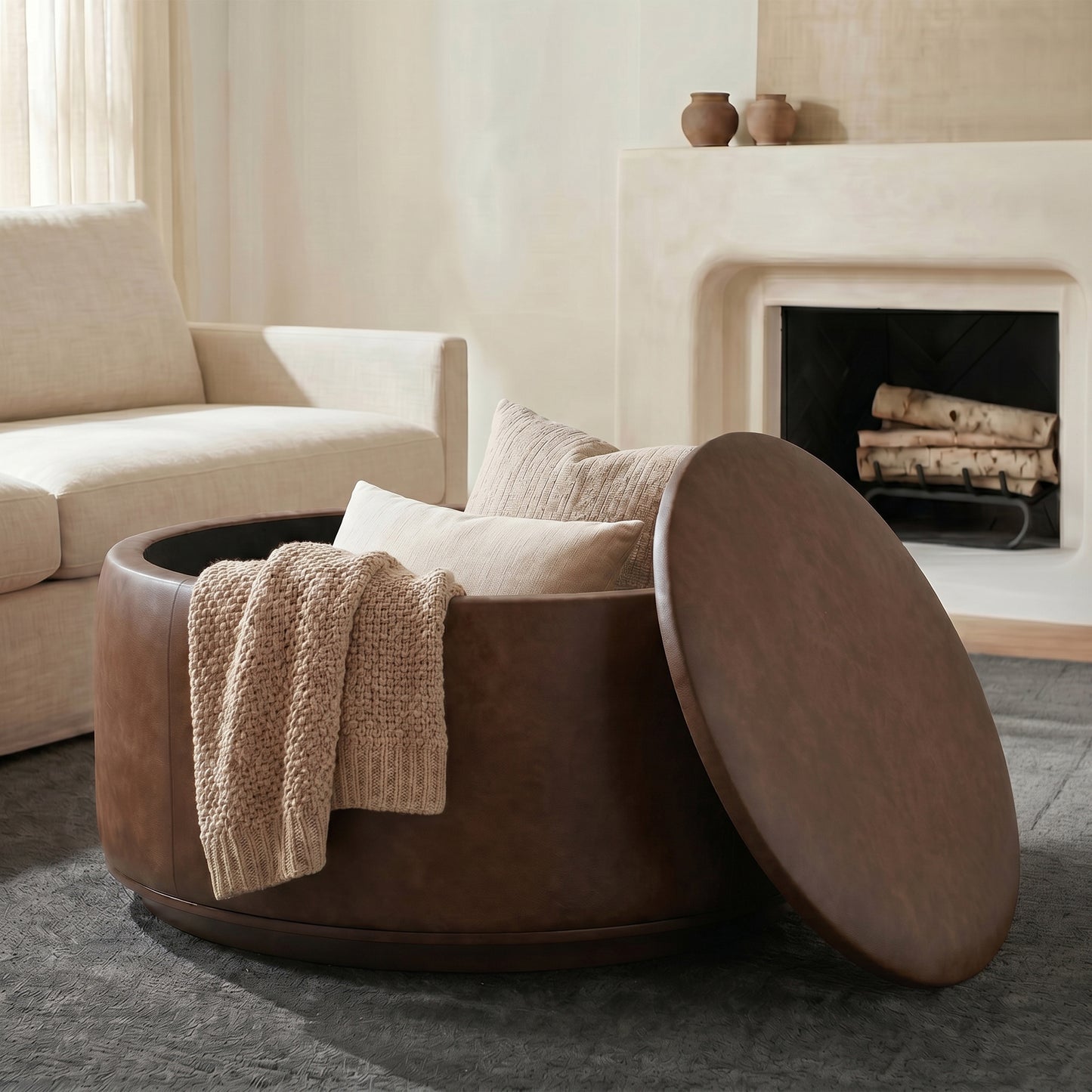 Herve Leather Storage Ottoman | Cocoa Brown