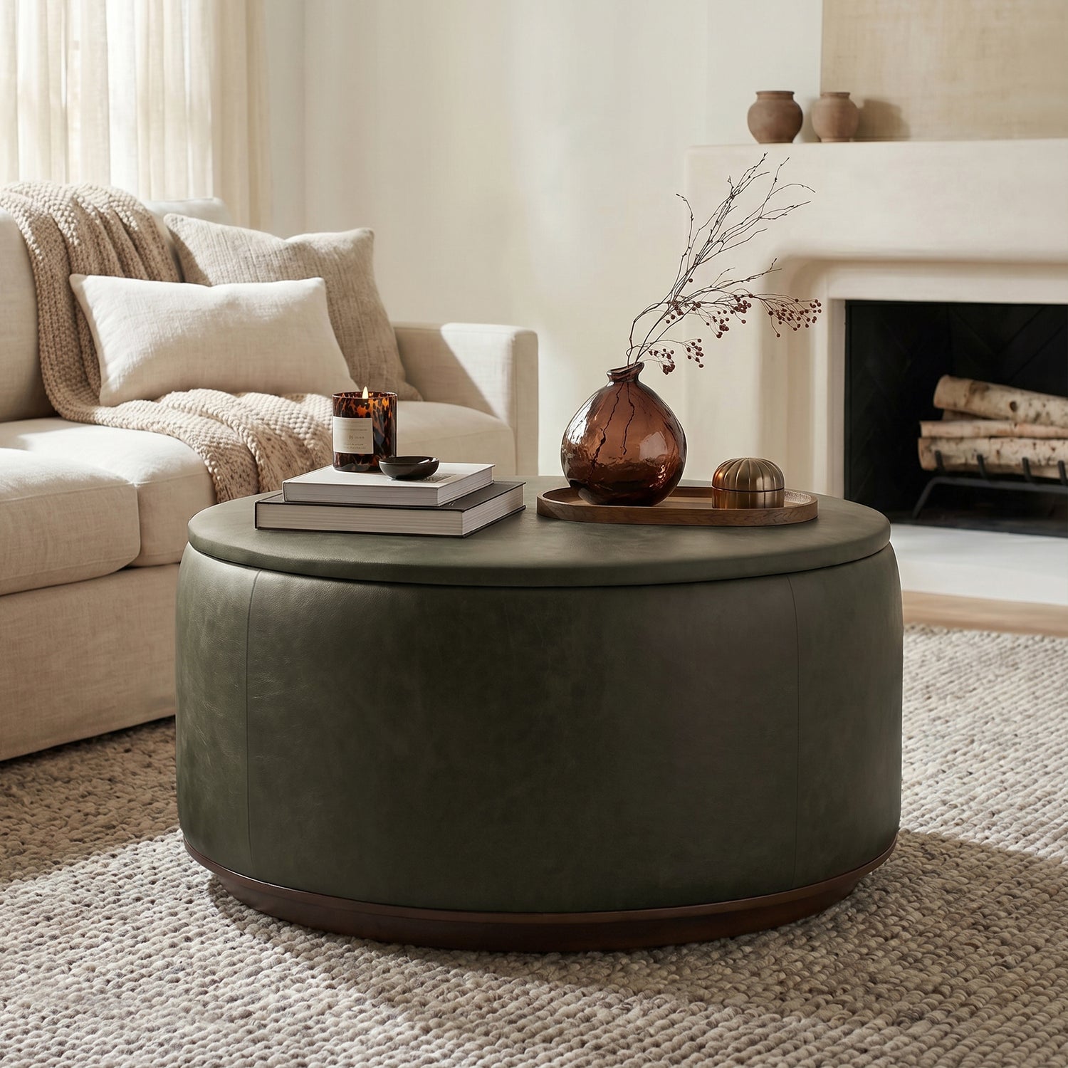 Herve Leather Storage Ottoman | Olivine Green lifestyle_image