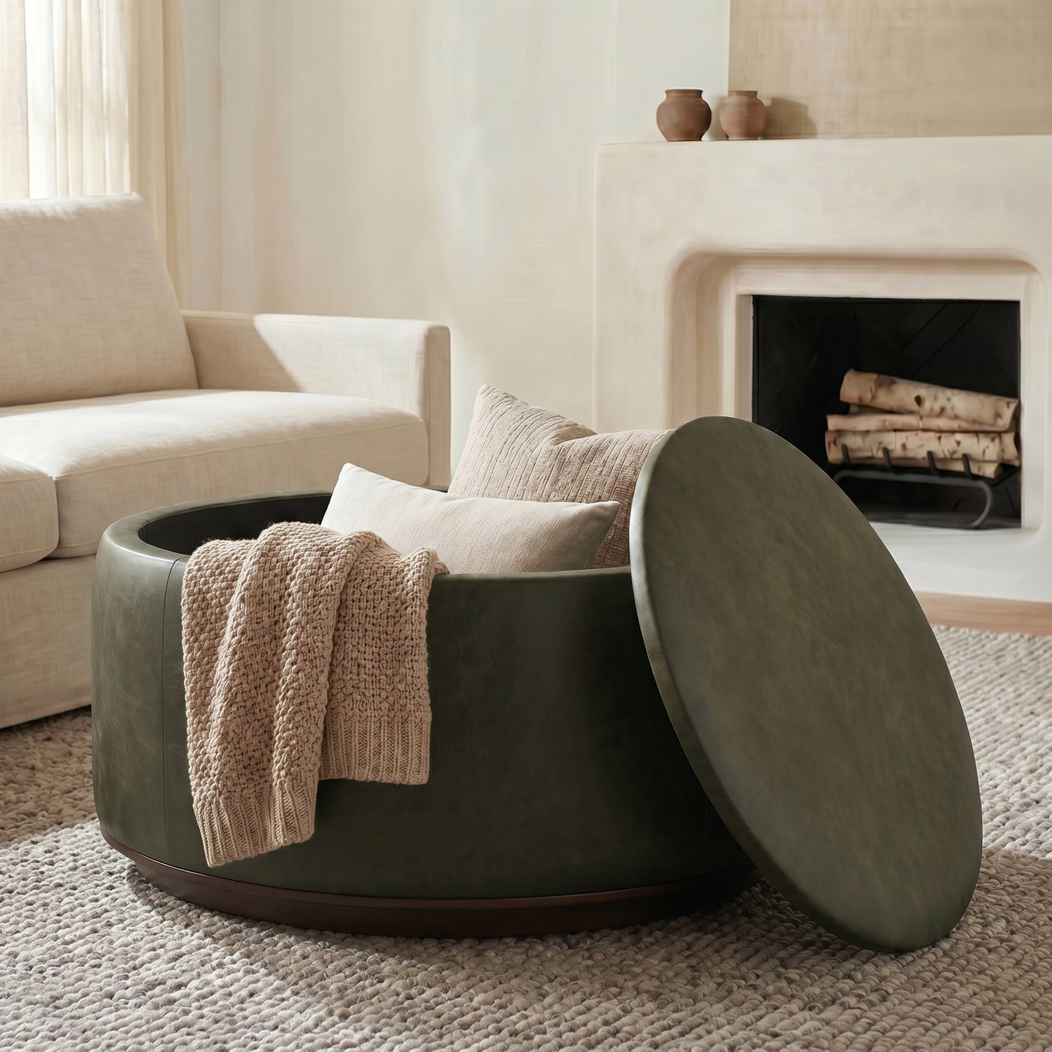 Herve Leather Storage Ottoman | Olivine Green 