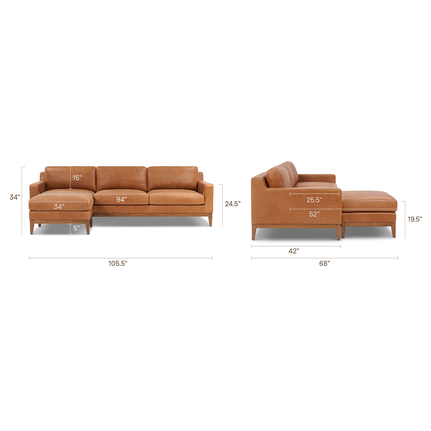 Zyon 105.5" Leather Reversible Chaise Sectional Sofa | Saddle Tan