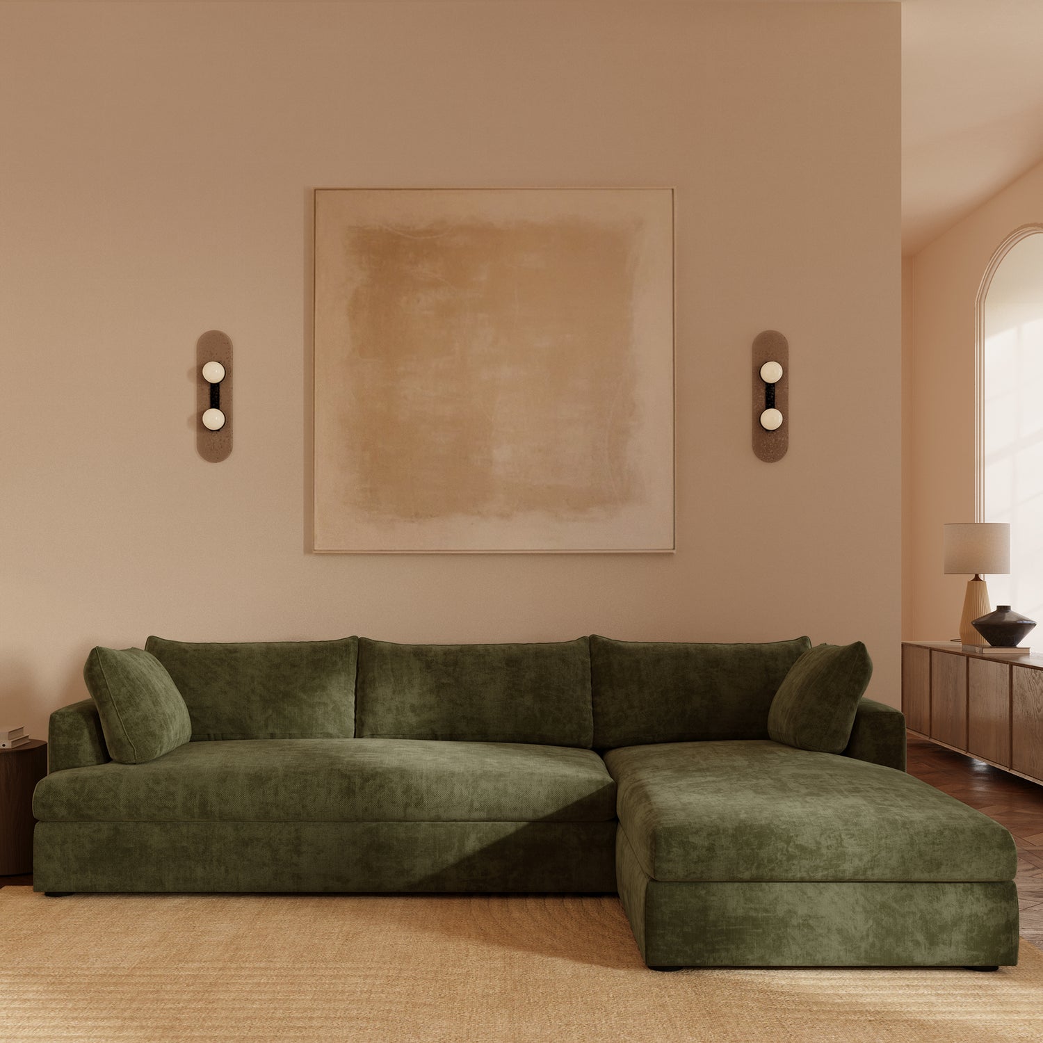 Milo Right-Facing Sleeper Sectional | Sagano Green lifestyle_image