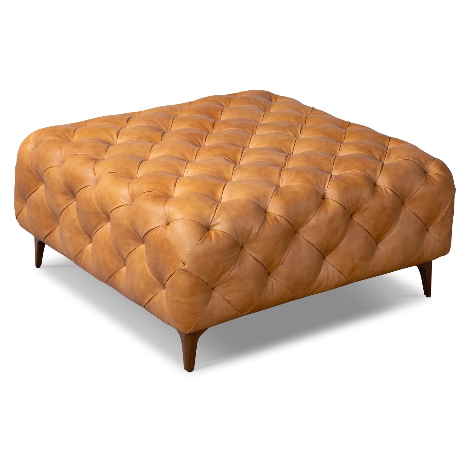 Turin Leather Ottoman with Wood Legs | Cognac Tan 