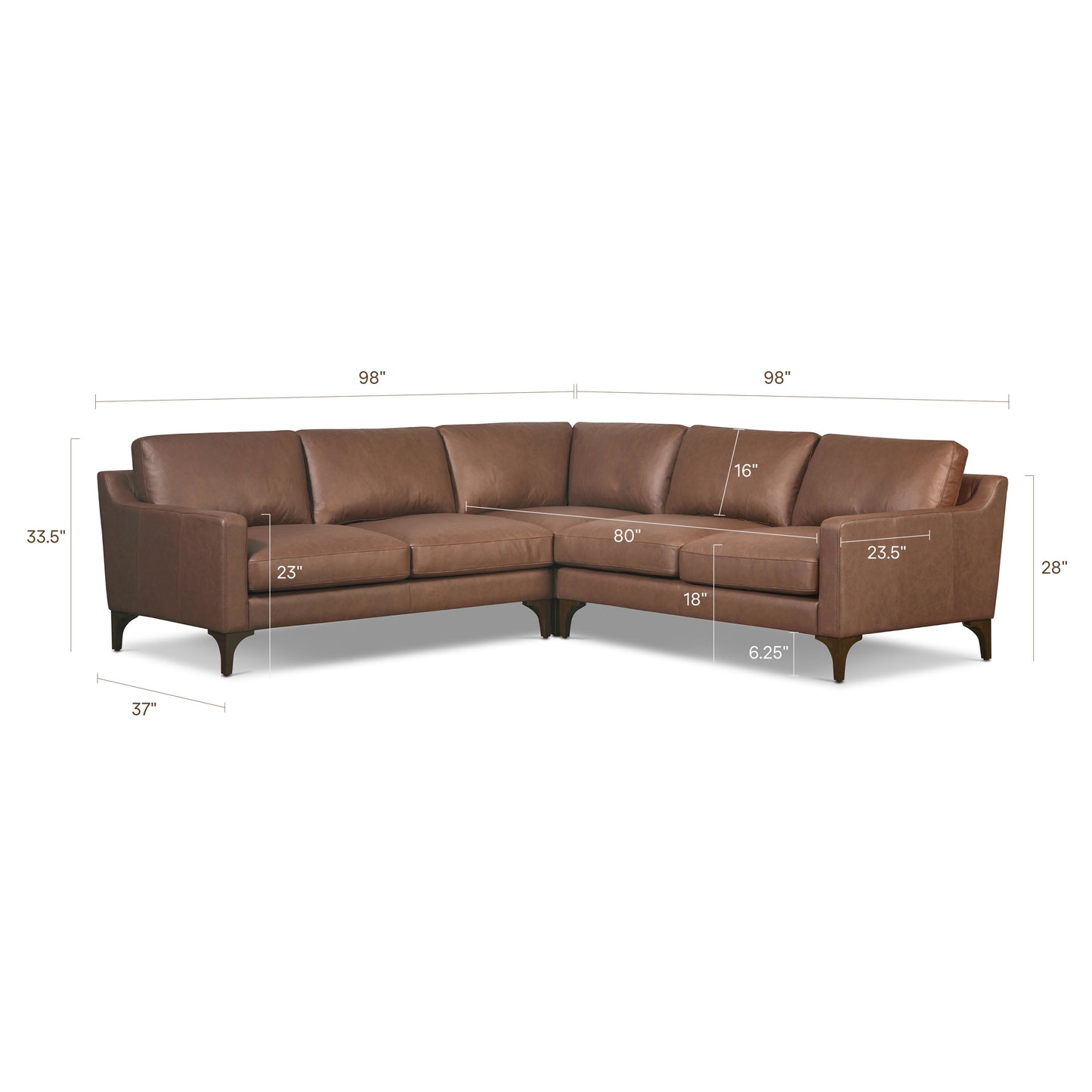 Sorrento 98" Leather L-Shaped Corner Sectional Sofa | Caramel Brown