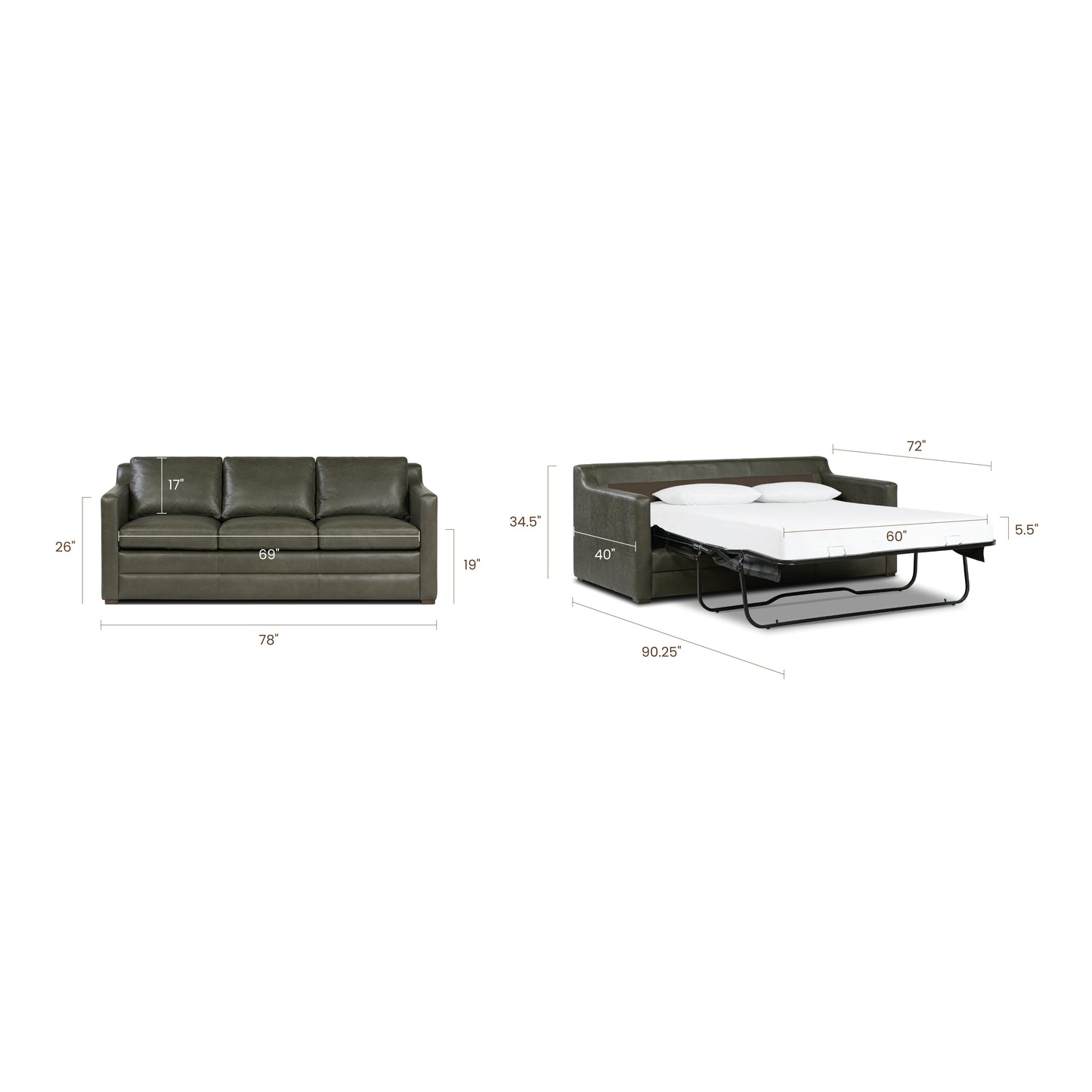 Sorrento 78" Leather Pull-Out Convertible Sleeper Sofa | Olivine Green