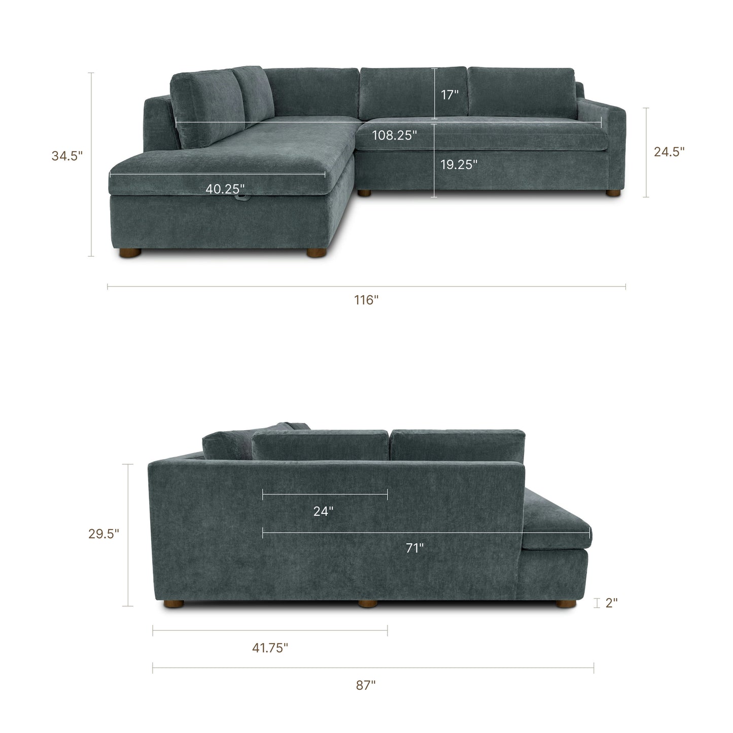 Madero 116" Left-facing Sleeper Bumper Chaise Sectional | Boreal Blue