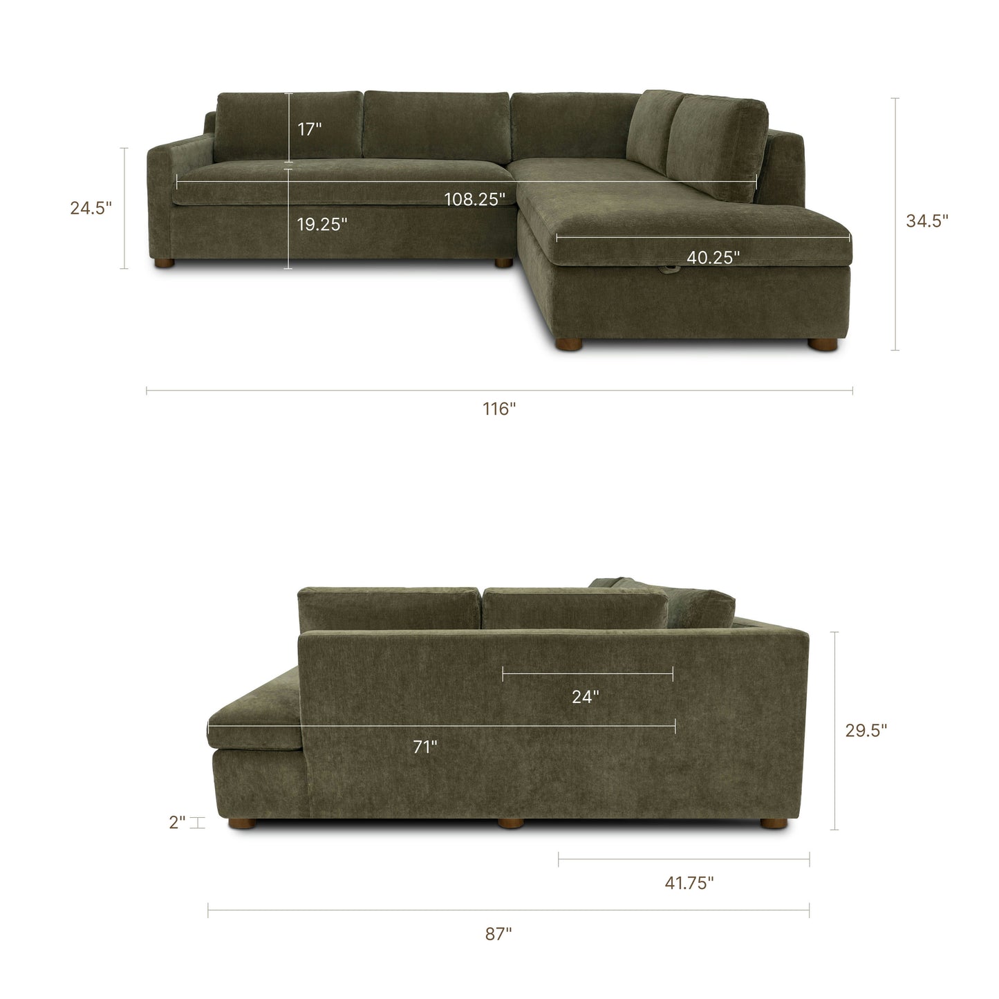 Madero 116" Left-facing Sleeper Bumper Chaise Sectional | Lume Green