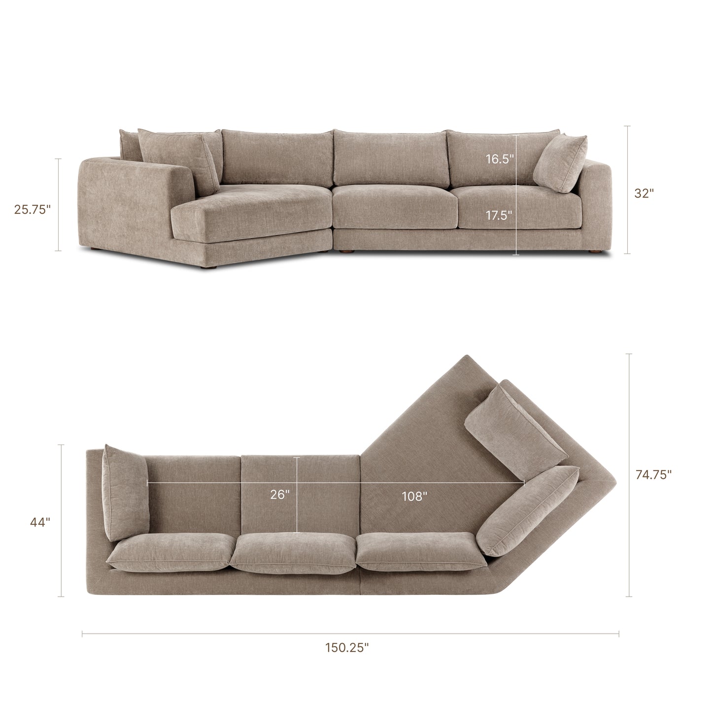Marcel 150" Left-facing Cuddle Chaise Sectional | Taupe Brown