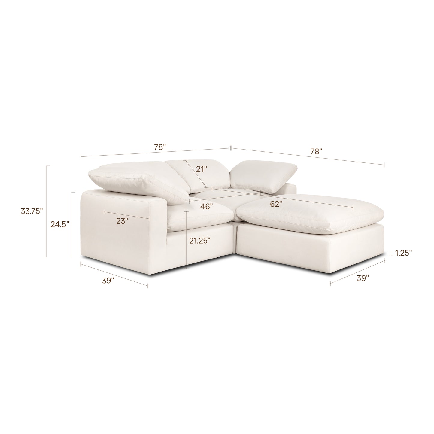 Aspen 78.5" Modular 3-Piece L-Shaped Sectional with Reversible Ottoman | Linen White