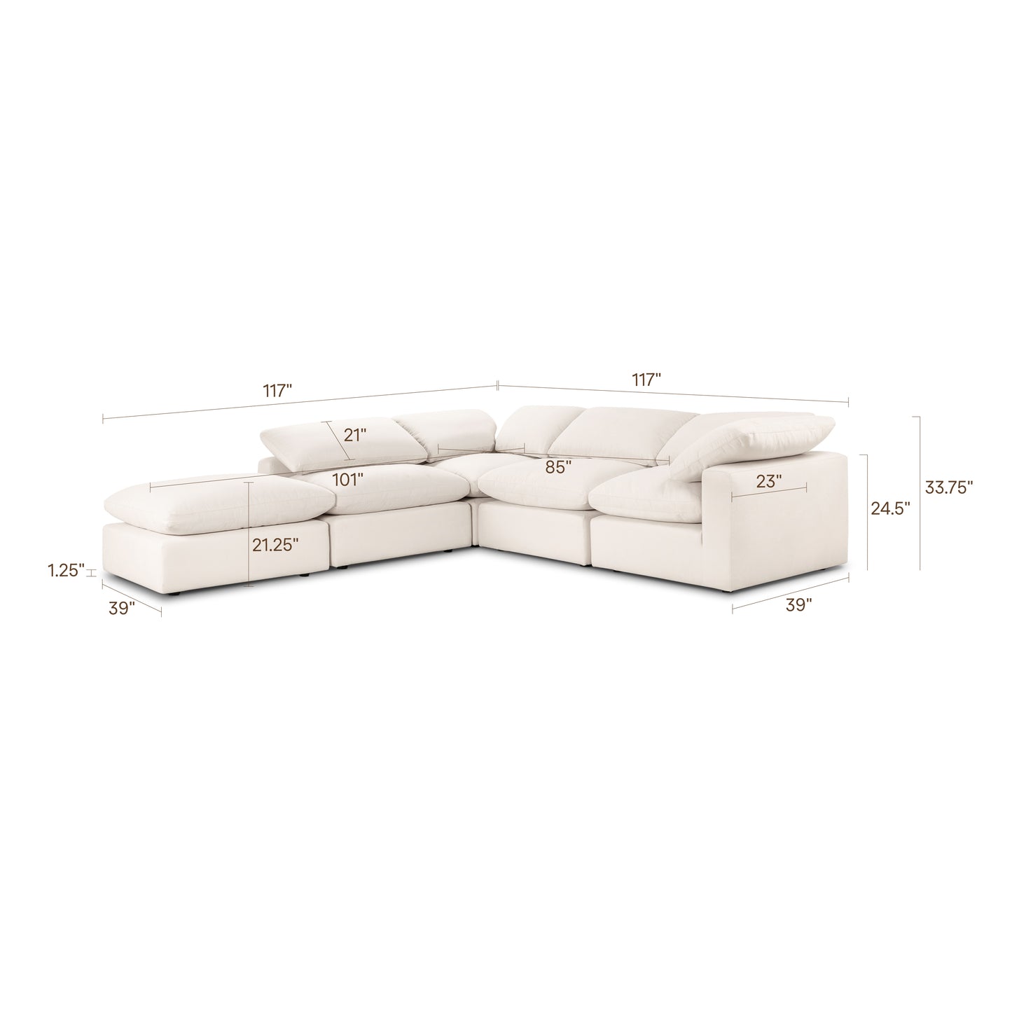 Aspen 118" Modular 5-Piece Reversible L-Shaped Sectional | Linen White