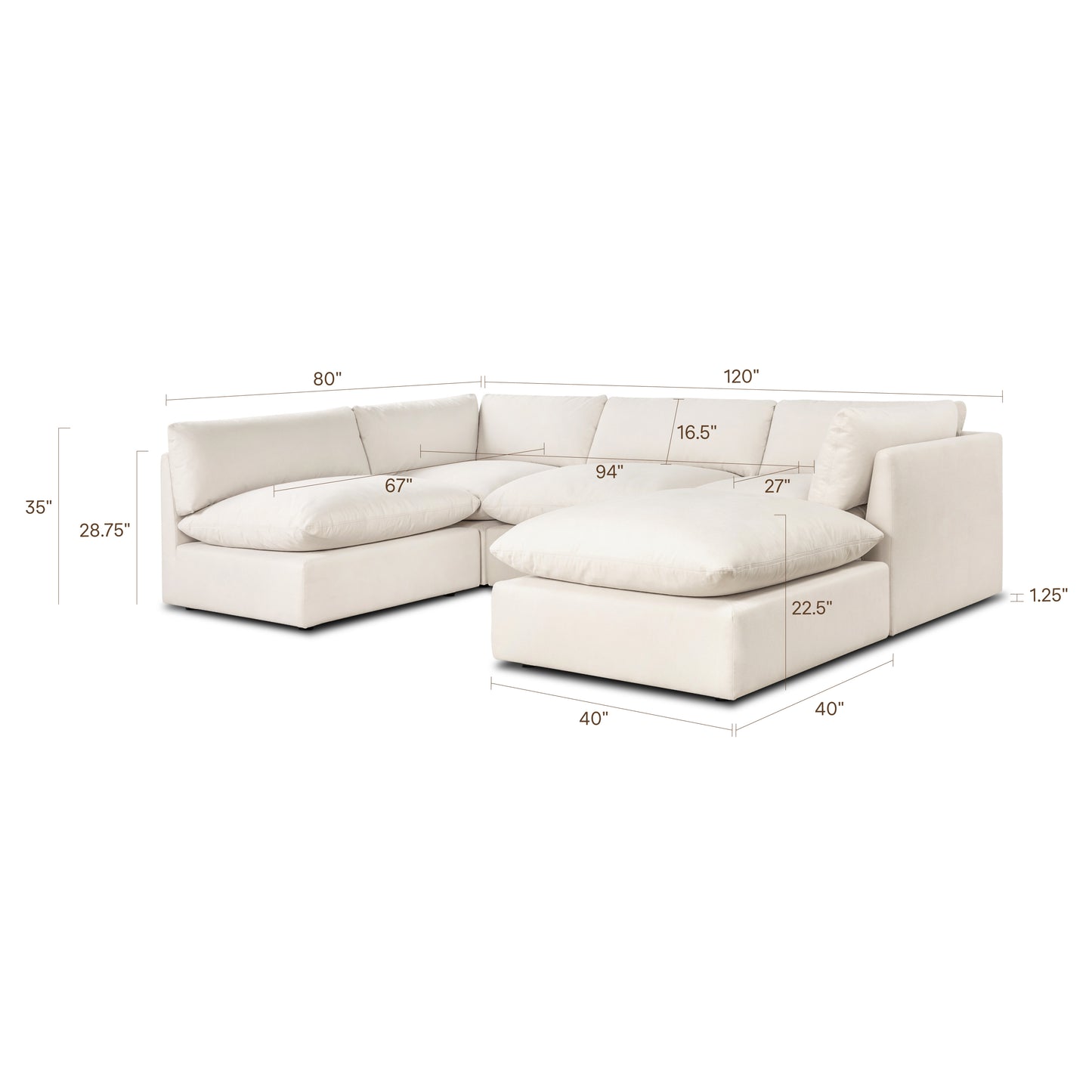 Davos 122" Modular 5-Piece U-Shaped Double Chaise Sectional | Linen White