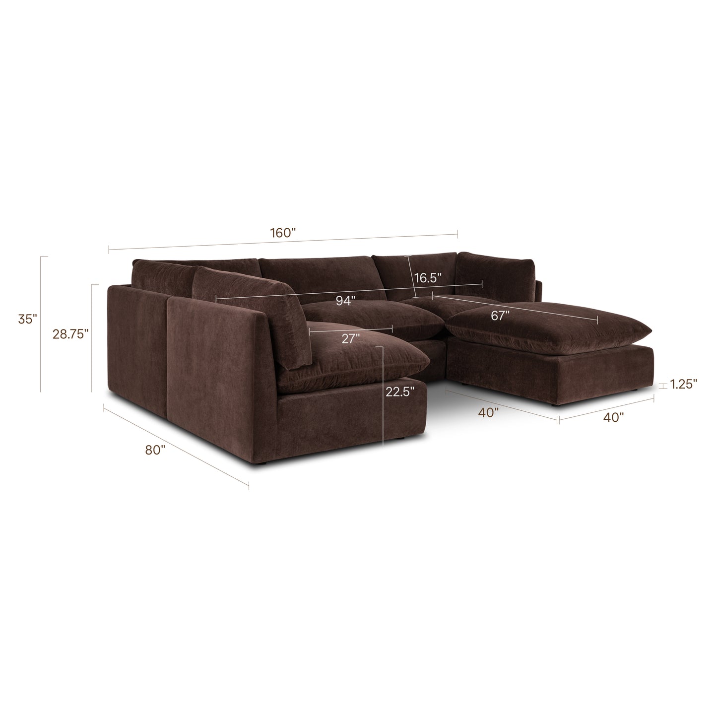 Davos 122" Modular 5-Piece U-Shaped Double Chaise Sectional | Sable Brown