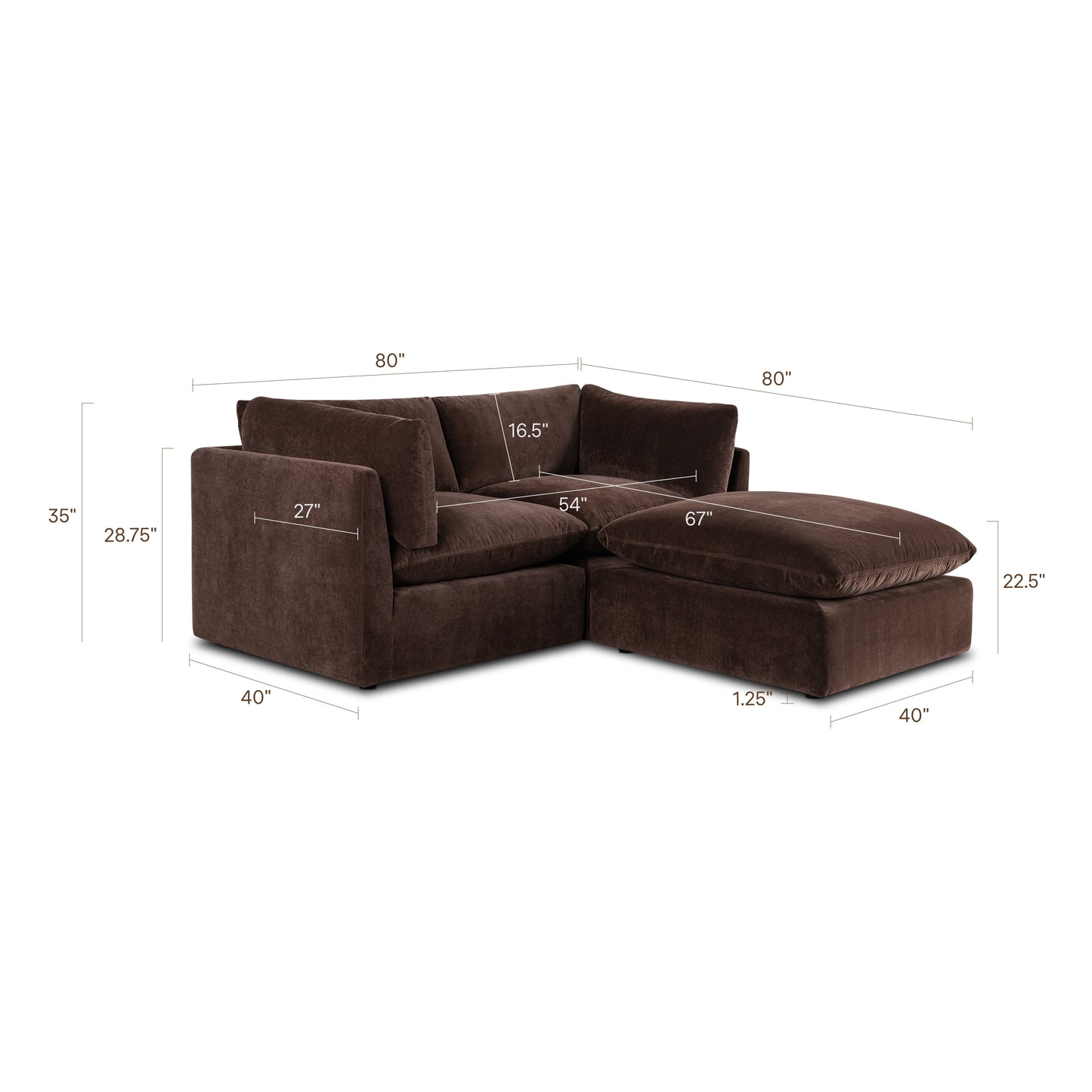 Davos 81" Modular 3-Piece L-Shaped Sectional with Reversible Ottoman | Sable Brown