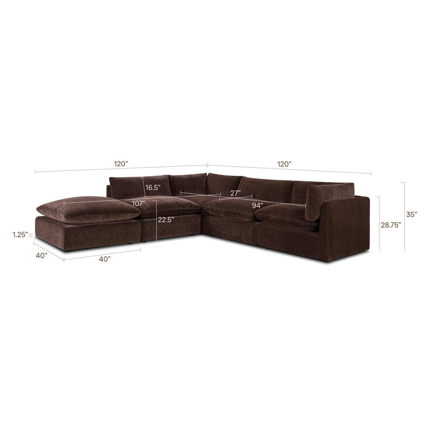 Davos 122" Modular 5-Piece L-Shaped Reversible Sectional | Sable Brown