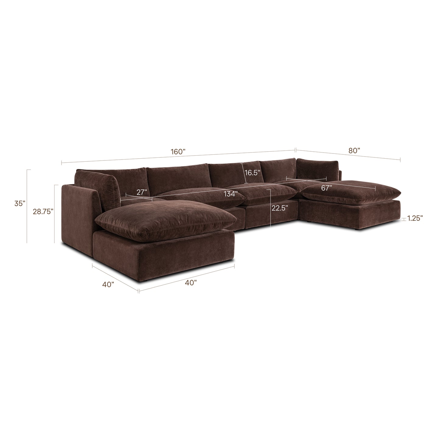 Davos 162" Modular 6-Piece U-Shaped Double Chaise Sectional | Sable Brown