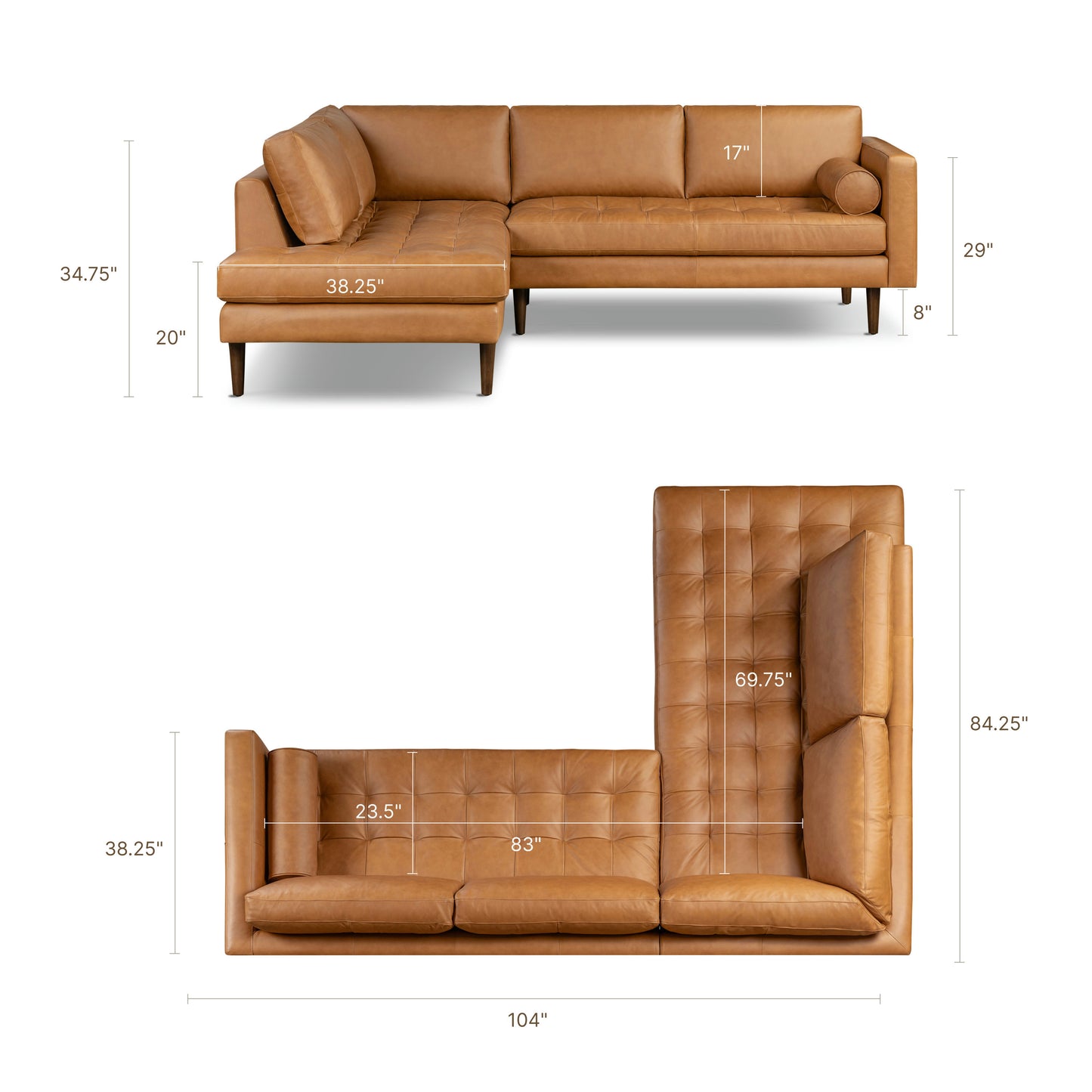 Napa 104" Leather Left-Facing Bumper Chaise Sectional | Cognac Tan