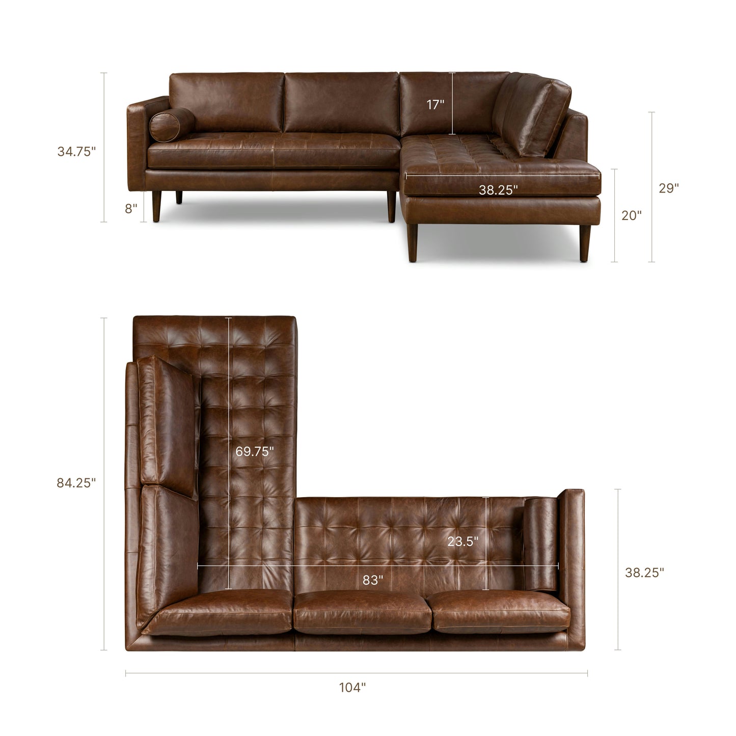 Napa 104" Leather Right-Facing Bumper Chaise Sectional | Chocolate Brown