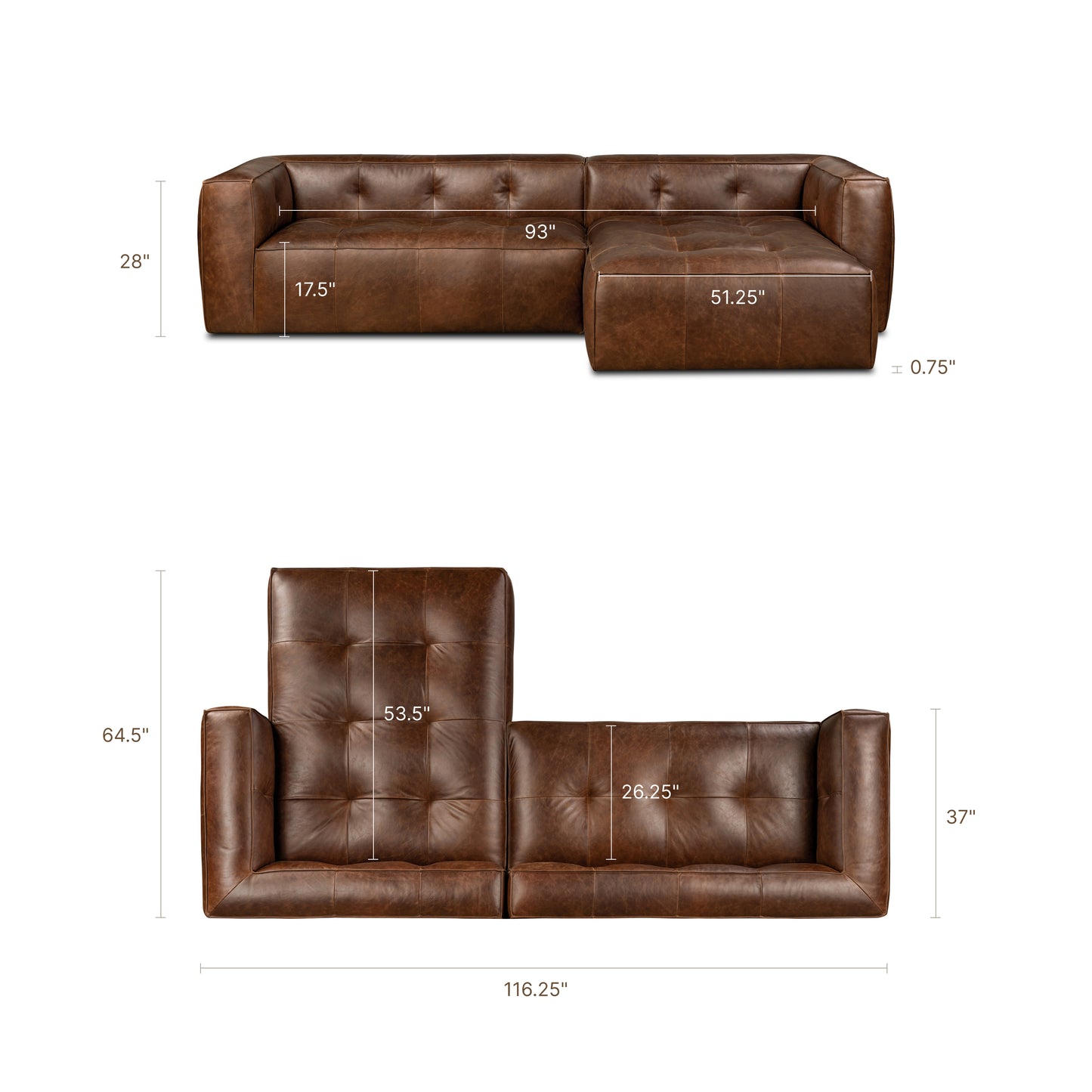 Capa 116" Leather Right-Facing Sectional | Chocolate Brown
