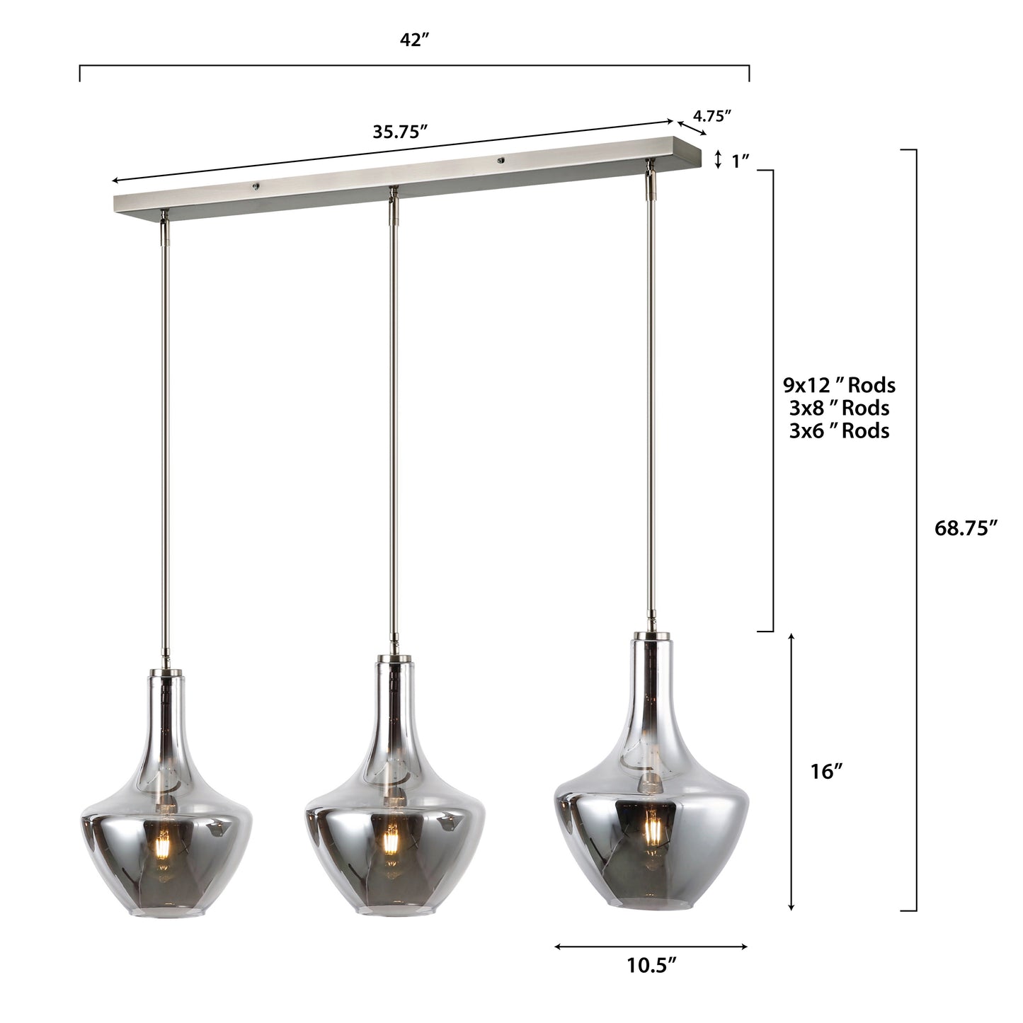 Modena 3-Light Island Light | Satin Nickel/Smokey