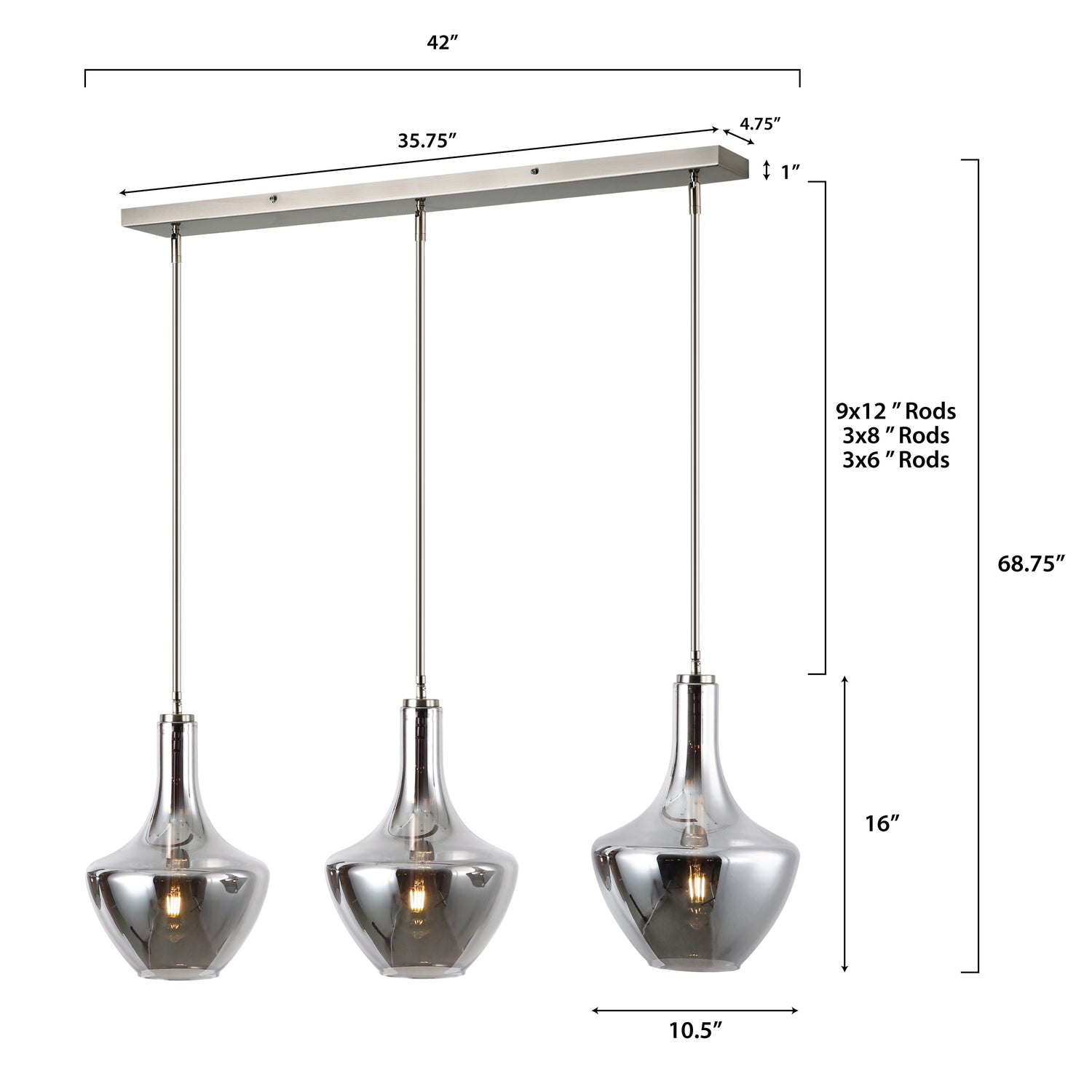 Modena 3-Light Island Light | Satin Nickel/Smokey 